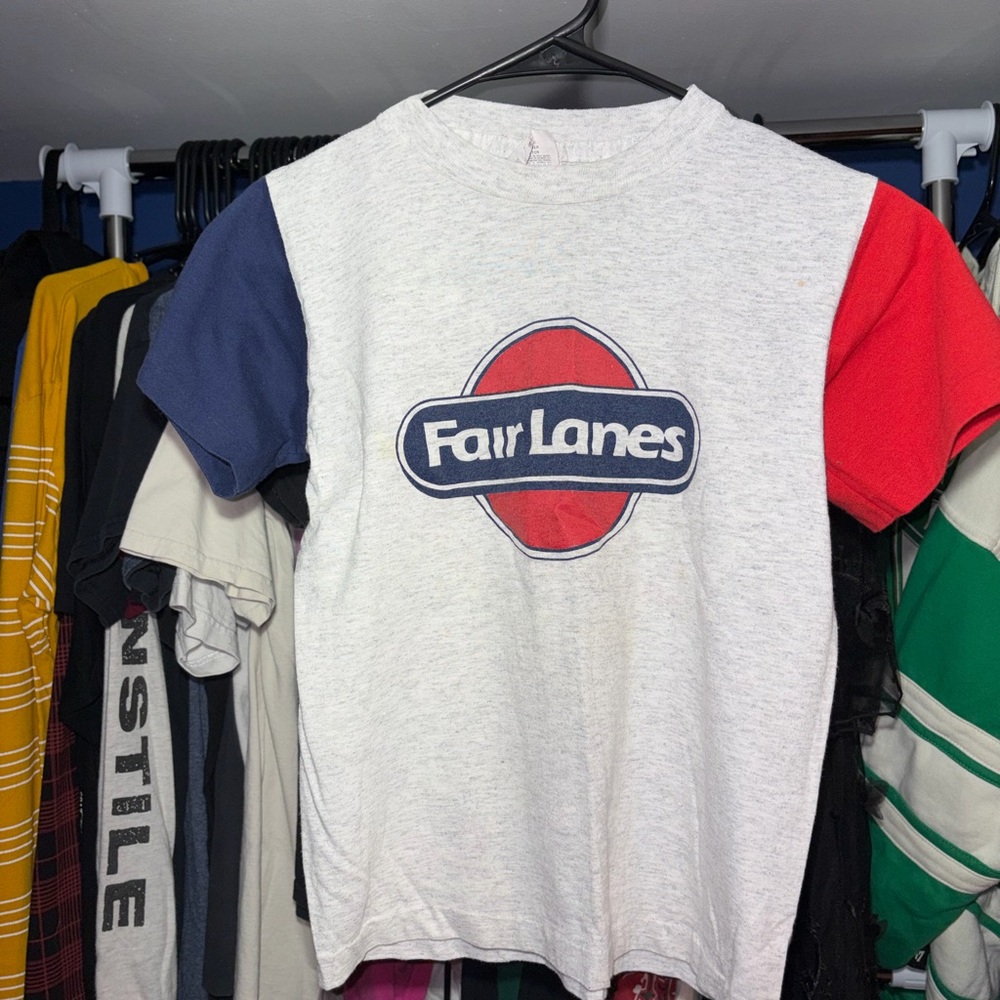 Vintage Fair Lanes Logo Tee - White with Red & Navy Sleeves Kids L